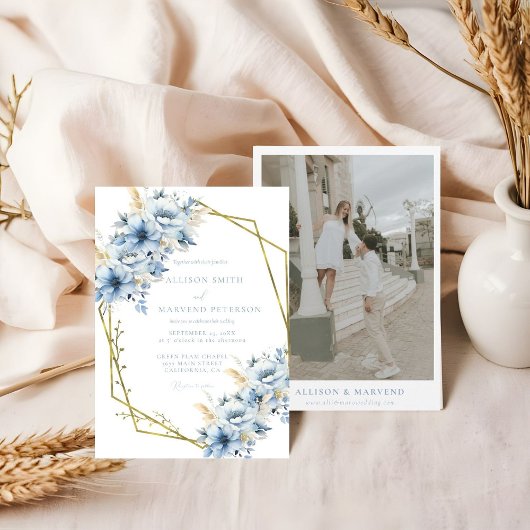 Elegante blaue, geometrische Rahmen Blütenhochzeit Einladung