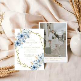 Elegante blaue, geometrische Rahmen Blütenhochzeit Einladung