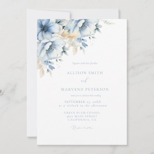 Elegante blaue, geometrische Rahmen Blütenhochzeit Einladung (Vorderseite)