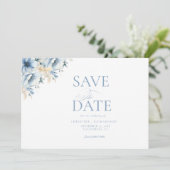Elegante blaue, geometrische Rahmen Blütenhochzeit Save The Date (Stehend Vorderseite)
