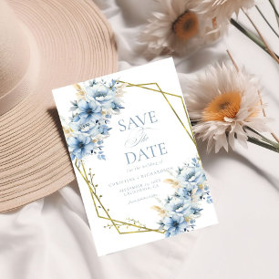 Elegante blaue, geometrische Rahmen Blütenhochzeit Save The Date