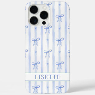 Elegante Blaue Gestreifte Kokette Schleifen Monogr iPhone 16 Pro Max Hülle