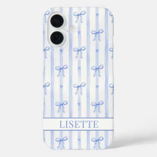 Elegante blaue gestreifte Kokettenbögen monogrammi iPhone 16 Hülle