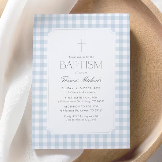 Elegante blaue Gingham-Kreuz-Jungen-Taufe Einladung