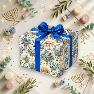 Elegante Blaue Gold-Aquarell-Menora Geschenkpapier