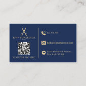 Elegante Blaue Gold Barbier Schere Logo QR Code Visitenkarte (Rückseite)