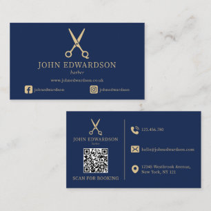 Elegante Blaue Gold Barbier Schere Logo QR Code Visitenkarte