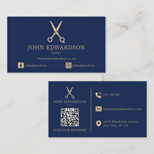 Elegante Blaue Gold Barbier Schere Logo QR Code Visitenkarte (Vorne/Hinten)