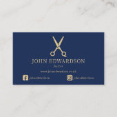 Elegante Blaue Gold Barbier Schere Logo QR Code Visitenkarte (Vorderseite)