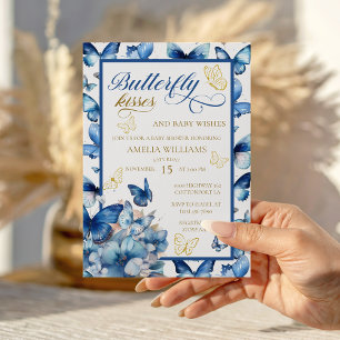 Elegante Blaue Gold Schmetterling Baby Shower Einladung