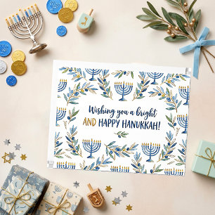 Elegante Blaue Gold-Wasserfarben-Menora Chanukka Karte