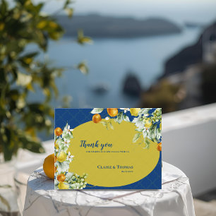 Elegante Blaue Gold-Zitrus-Blumen-Hochzeits-Dankes Postkarte