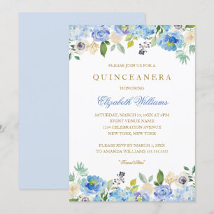 Elegante blaue goldene Blumen-Quinceanera-Einladun Einladung