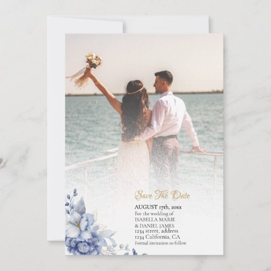 Elegante blaue goldene Blumenhochzeit rettet das D Einladung (Rückseite)