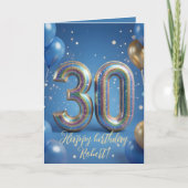 Elegante blaue goldene glänzende Ballons 30. Gebur Karte (Vorderseite)