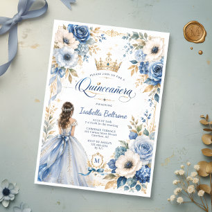 Elegante Blaue Goldene Prinzessin Florale Quinceañ Einladung