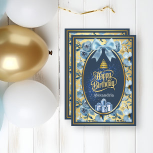 Elegante blaue goldene Wasserfarben-Blumen-Geburts