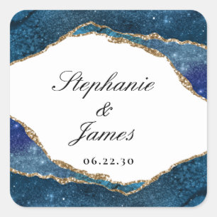 Elegante Blaue Goldfolie-Achat-Hochzeit Quadratischer Aufkleber