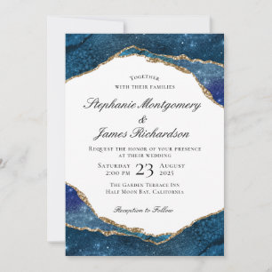 Elegante Blaue Goldfolie-Achat-Wasserfarben-Hochze Einladung