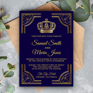 Elegante blaue goldverzierte Kronen-Hochzeitseinla Einladung