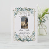 Elegante Blaue Grüne Save the Date Einladung (Stehend Vorderseite)