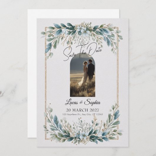 Elegante Blaue Grüne Save the Date Einladung (Vorne/Hinten)