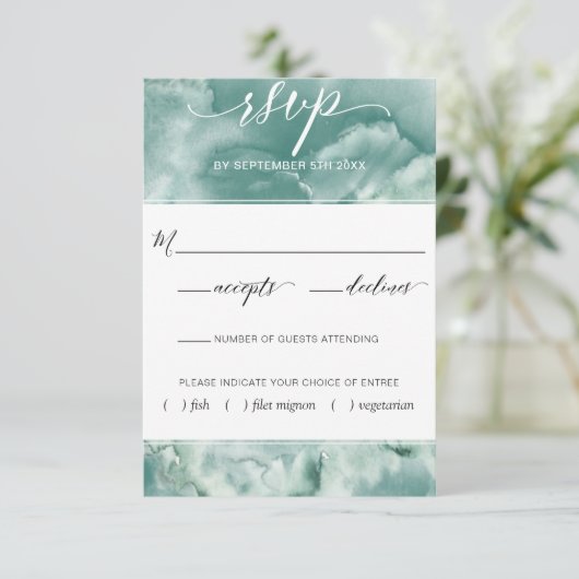 Elegante blaue/grüne Wasserfarbe mit Optionen für RSVP Karte (Stehend Vorderseite)