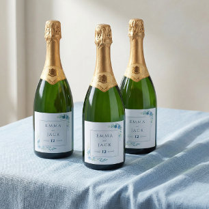 Elegante blaue Grünnamen und Datum Hochzeit Schaumweinetikett