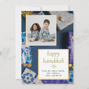 Elegante blaue Happy Chanukka Familie 1 Foto Feiertagskarte