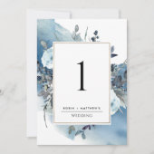 Elegante Blaue Hochzeitsempfangs-Tischnummer (Vorderseite)