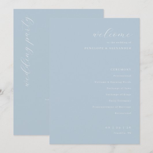 Elegante blaue Hochzeitszeremonie Programm (Vorne/Hinten)