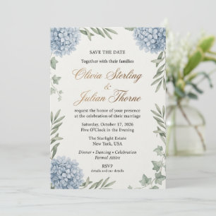 Elegante Blaue Hortensien-Aquarell-Hochzeit Einladung