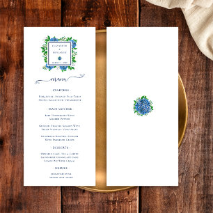 Elegante Blaue Hortensien Aquarell-Hochzeit Menükarte