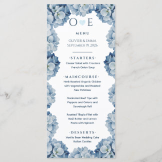 Elegante Blaue Hortensien-Band-Hochzeit Menükarte