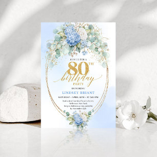 Elegante blaue Hortensien-Blumen-Einladung zum 80. Einladung