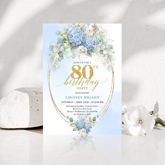 Elegante Blaue Hortensien-Blumen zum 80. Geburtsta Einladung