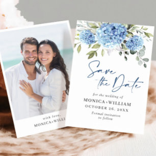 Elegante blaue Hortensien-Blumenhochzeit Save The Date