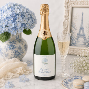 Elegante blaue Hortensien-Brautjungfernparty Schaumweinetikett
