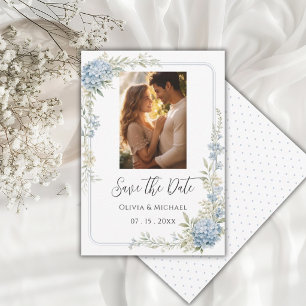 Elegante Blaue Hortensien-Foto Save-the-Date-Karte Save The Date