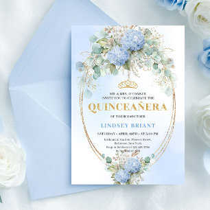 Elegante blaue Hortensien Gold Quinceañera-Einladu Einladung