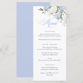 Elegante blaue Hortensien-Grün-Hochzeitsmenü Menükarte
