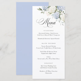 Elegante blaue Hortensien-Grün-Hochzeitsmenü Menükarte