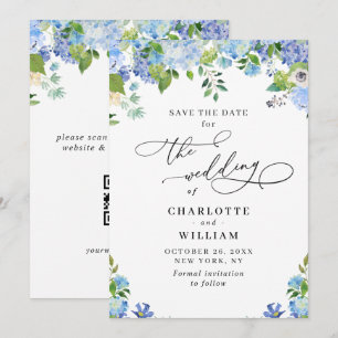 Elegante Blaue Hortensien-Grünpflanzen-Hochzeit QR Save The Date