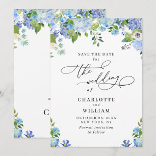 Elegante Blaue Hortensien-Grünzeug-Hochzeit Save The Date