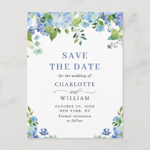 Elegante Blaue Hortensien-Hochzeit Save The Date Postkarte