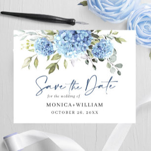Elegante blaue Hortensien-Hochzeit Save the Date Postkarte