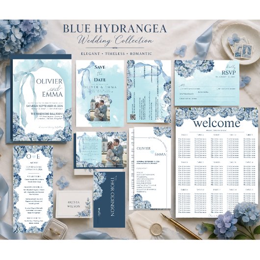 Elegante blaue Hortensien-Hochzeitszeitplan Programm
