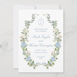 Elegante blaue Hortensien-Monogramm-Save-the-Date- Einladung