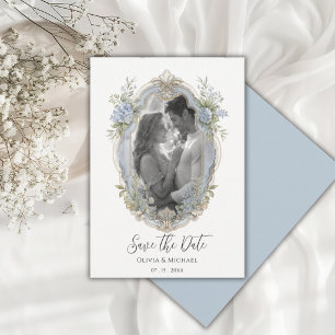 Elegante Blaue Hortensien-Rahmen-Foto Save-the-Dat Save The Date