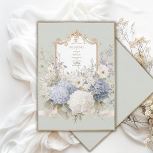 Elegante Blaue Hortensien Sage Vintage Hochzeit Einladung